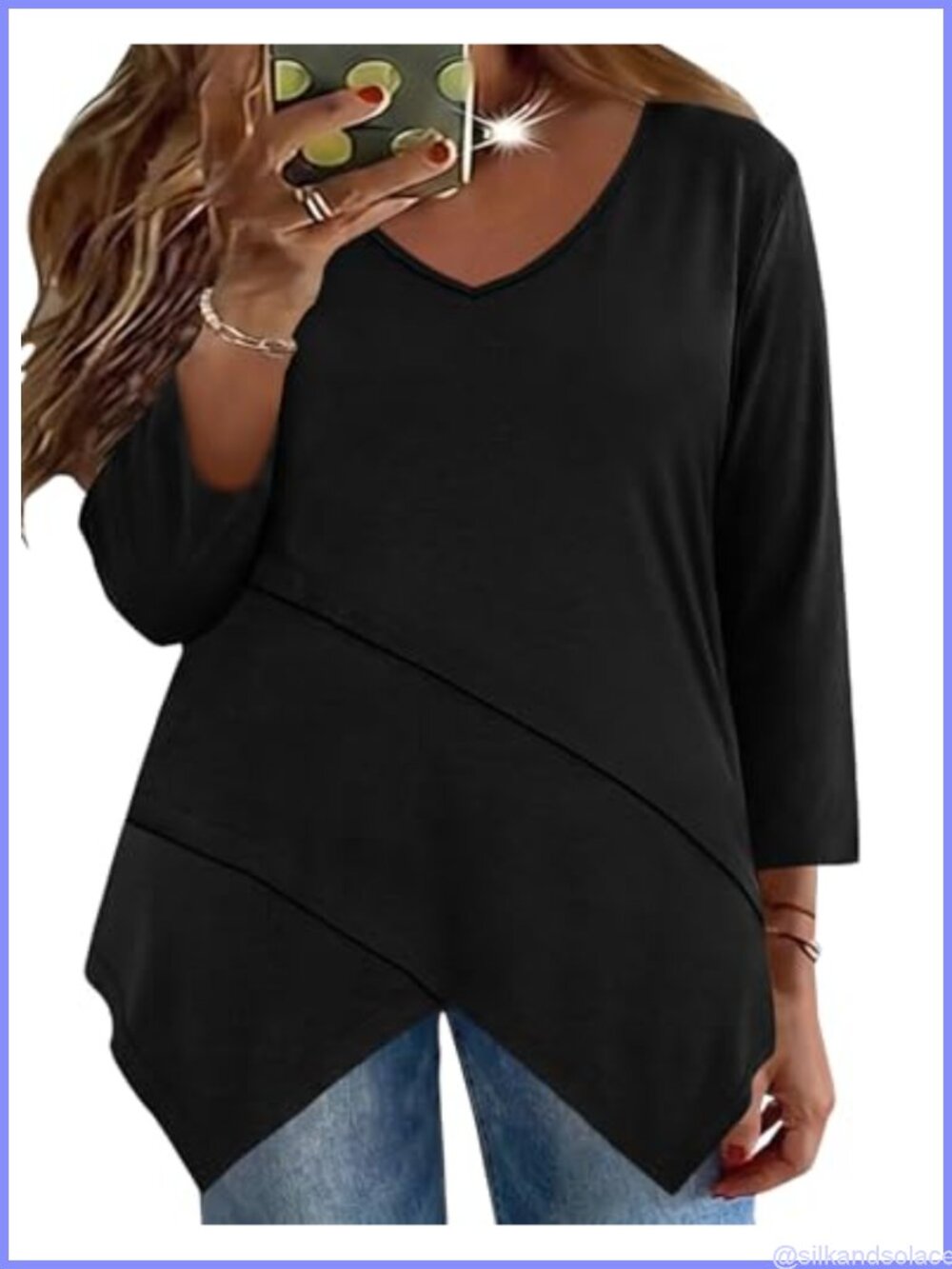 Plus Size Tunic Top 3/4 Sleeve V Neck Asymmetrical Hem